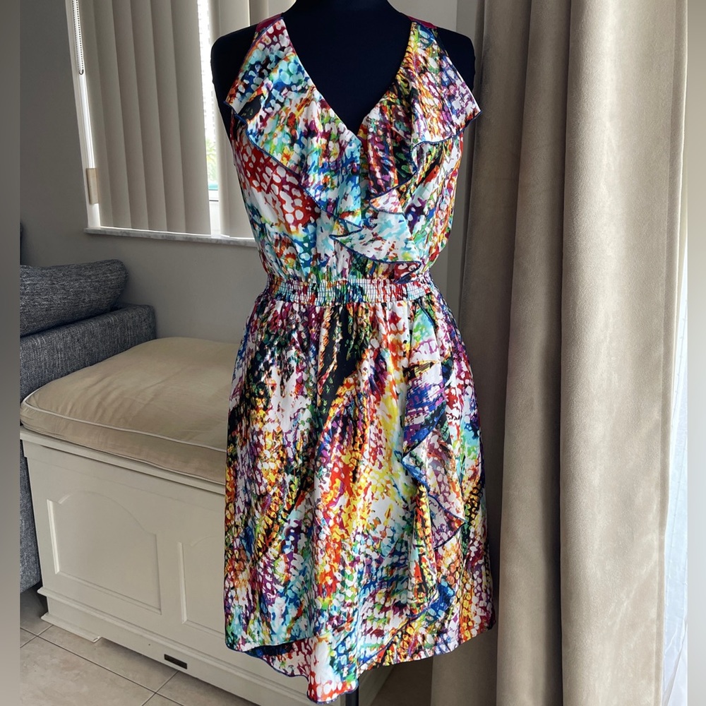 Presley Skye Dress Women's Sz S Multicolor Print Faux-Wrap Elastic Waist